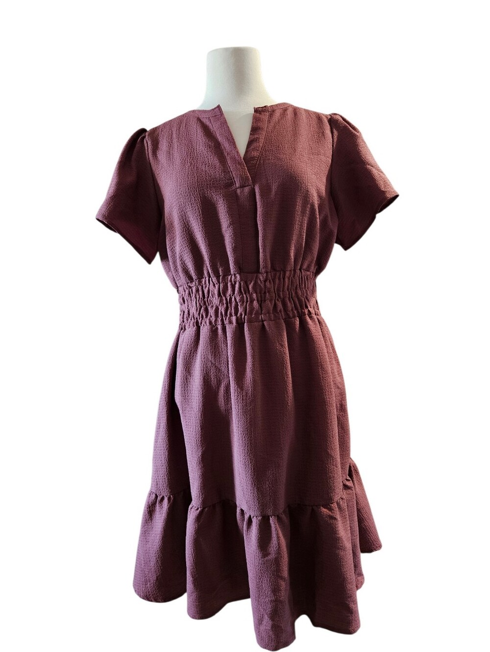 Maurices, Medium, Textured Dusty Mauve Short Sleeve Smocked-Waist Dress